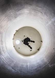 View from below looking up inside silo: industrial vacuum eliminates need for workers to enter confined spaces