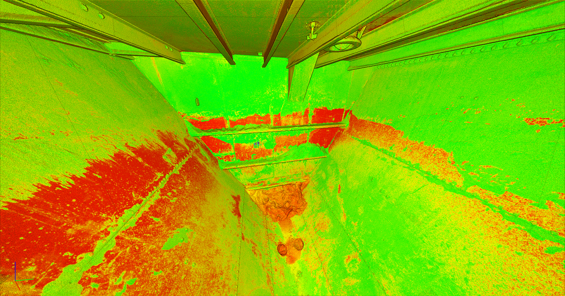 M-LAS LiDAR scan of silo interior: after scan showing full vessel geometry in neon color mapping
