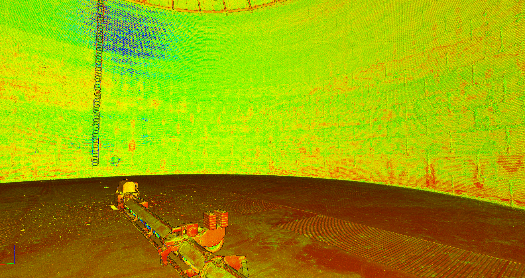 M-LAS LiDAR scan of large bin interior: neon color rendering shows internal geometry with ±2mm accuracy