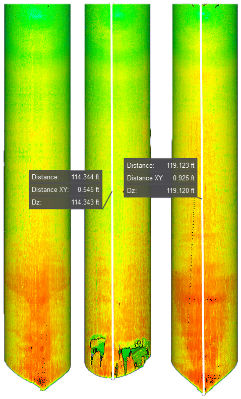 M-LAS LiDAR silo survey results: three silo side views with dimensional statistics